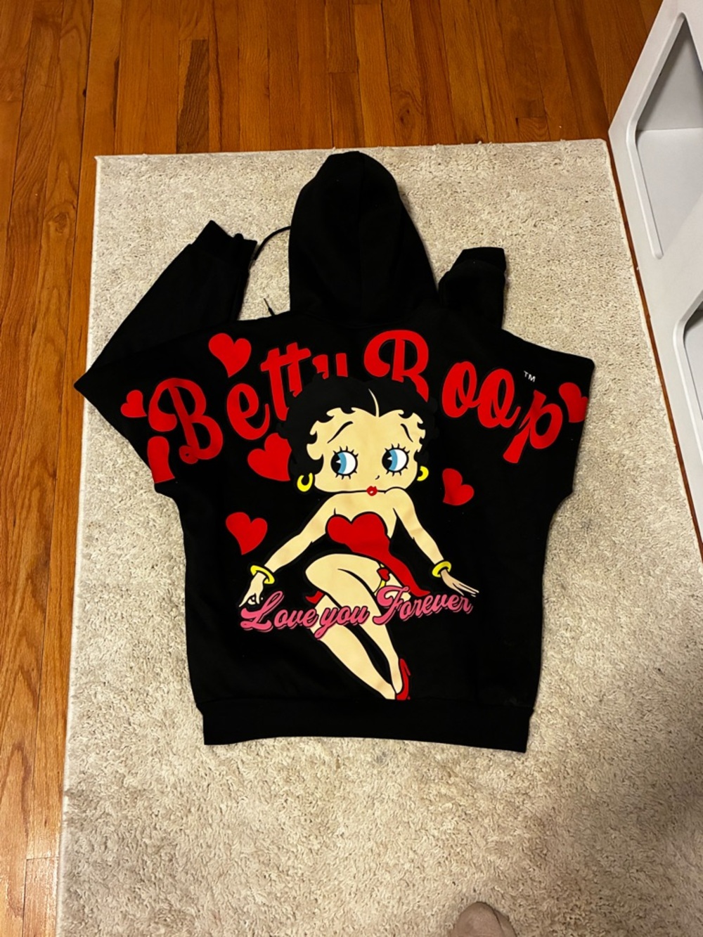 Betty Boop Black Hoodie with Red Hearts and Yellow Accents